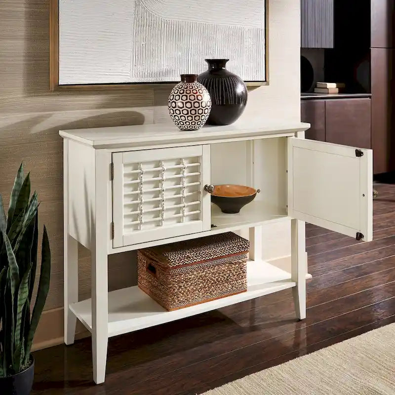 White 2-Door Console Table with Wicker Lattice Doors