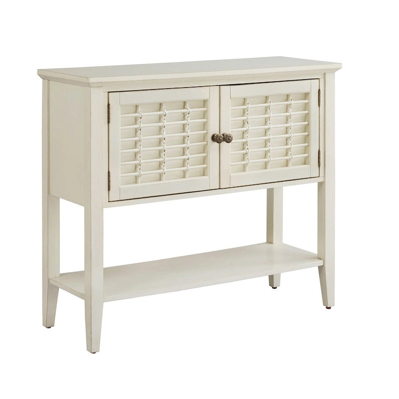 White 2-Door Console Table with Wicker Lattice Doors