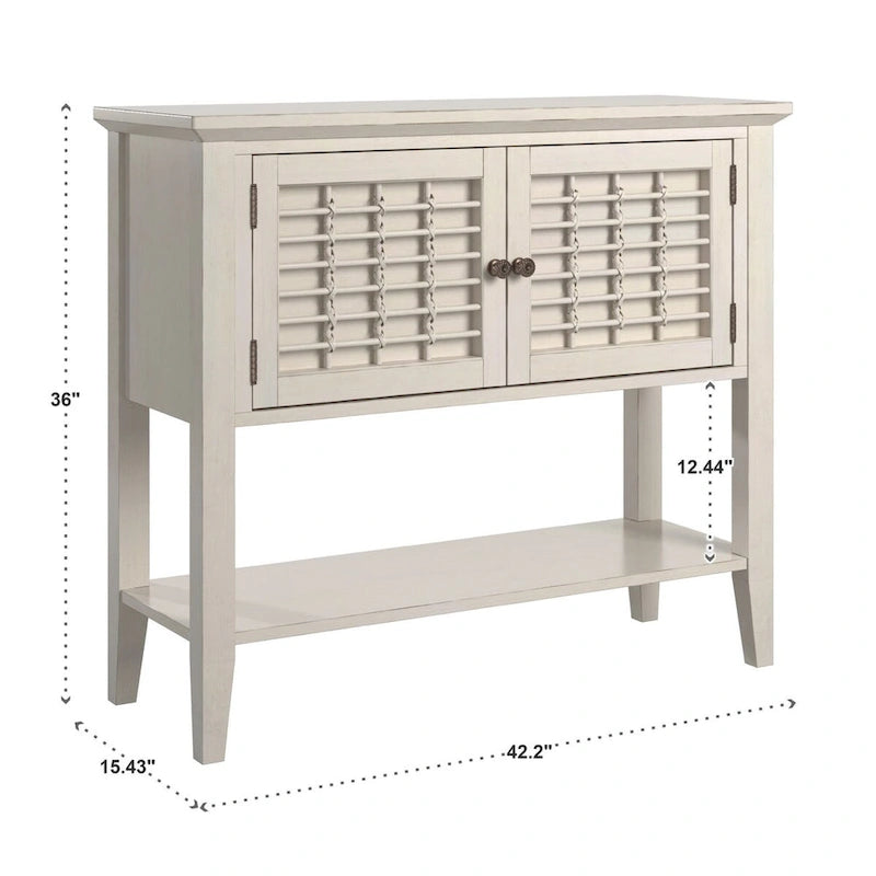 White 2-Door Console Table with Wicker Lattice Doors