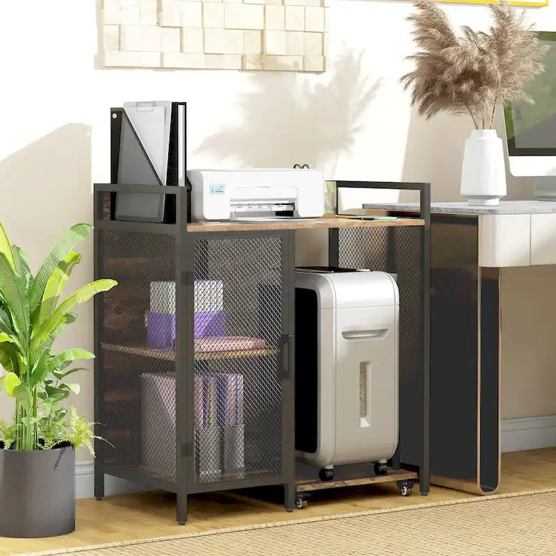 Rustic Brown & Black Printer Stand, Wood Finish, Single-User