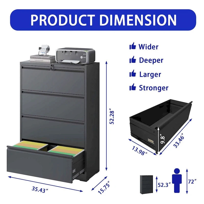 Lateral Black File Cabinet 4 Drawer,with Lock,Lockable File Cabinet