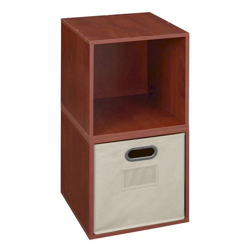 Cherry/Natural Storage Cube Set, 2-Cube Modern Organizer with Fabric Bin