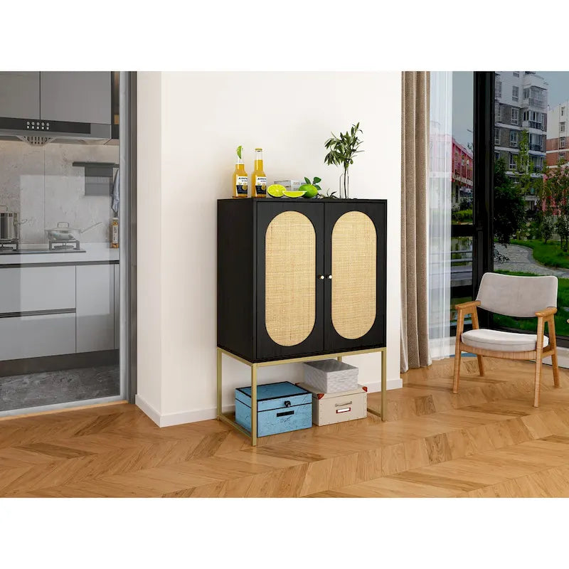 2 Door Cabinet, Rattan 2 Door high cabinet, Built-in adjustable shelf, Easy Assembly, Free Standing Cabinet for Living Room