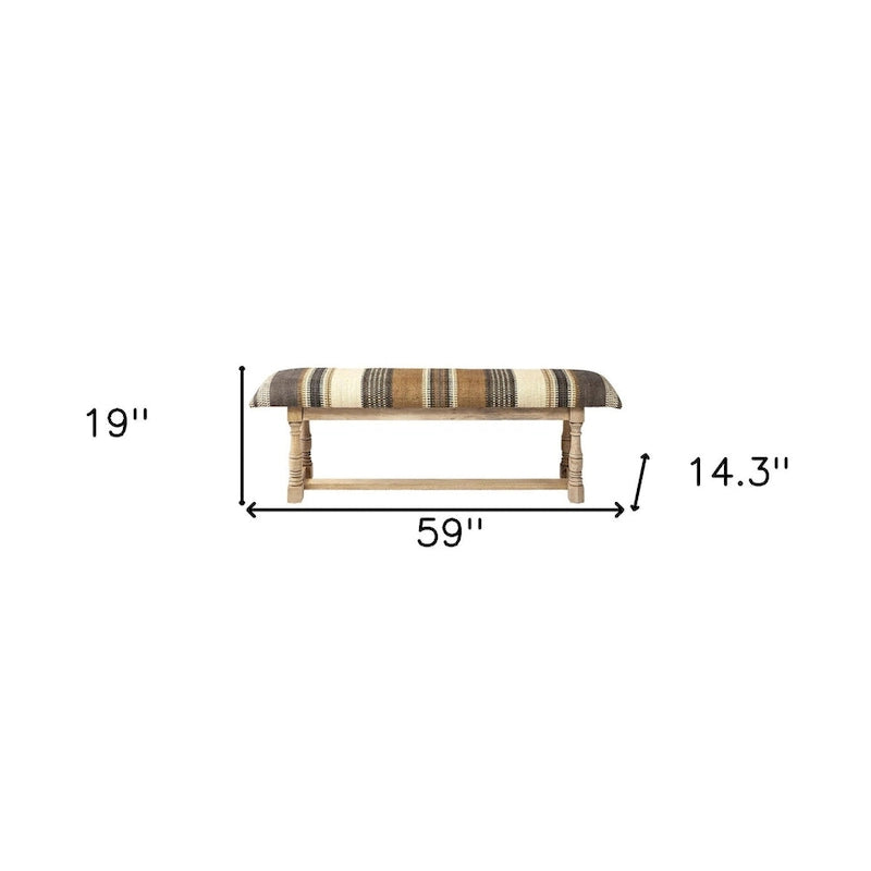 59" Beige, Gray & Brown Jute Striped Upholstered Bench – 1 Person