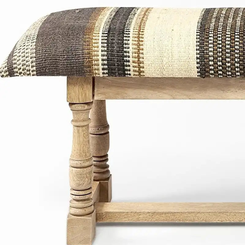 59" Beige, Gray & Brown Jute Striped Upholstered Bench – 1 Person