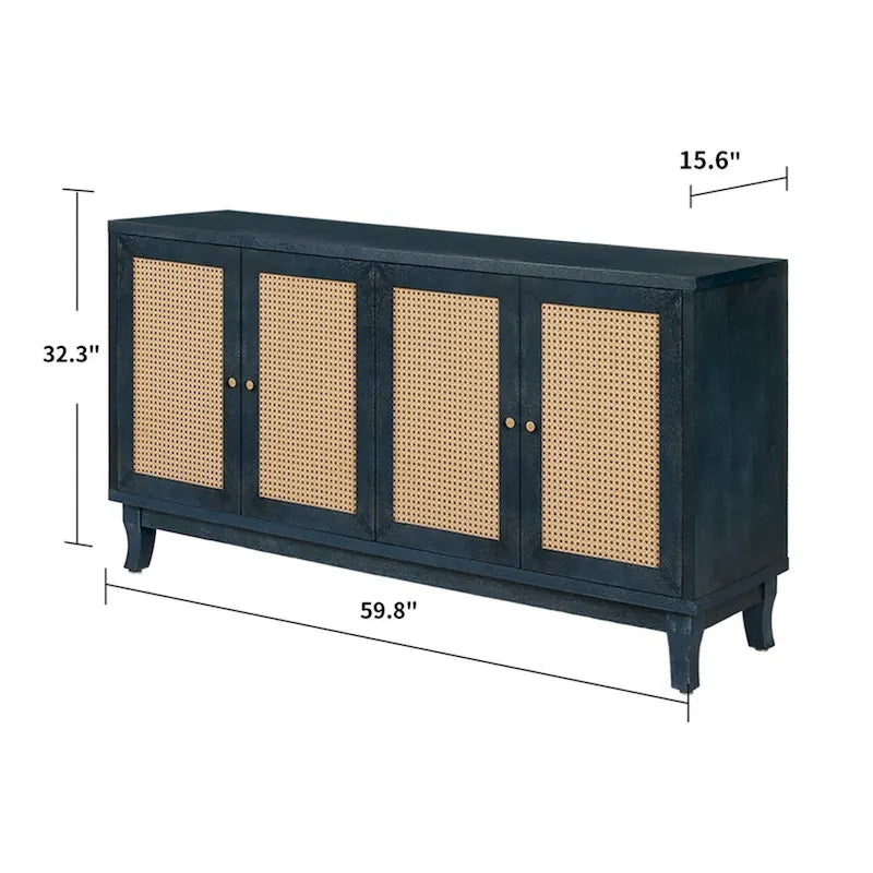 Handcrafted Premium Grain Panels,Accent Storage Cabinet With 4 Rattan Doors, Modern Storage Cupboard Console Table