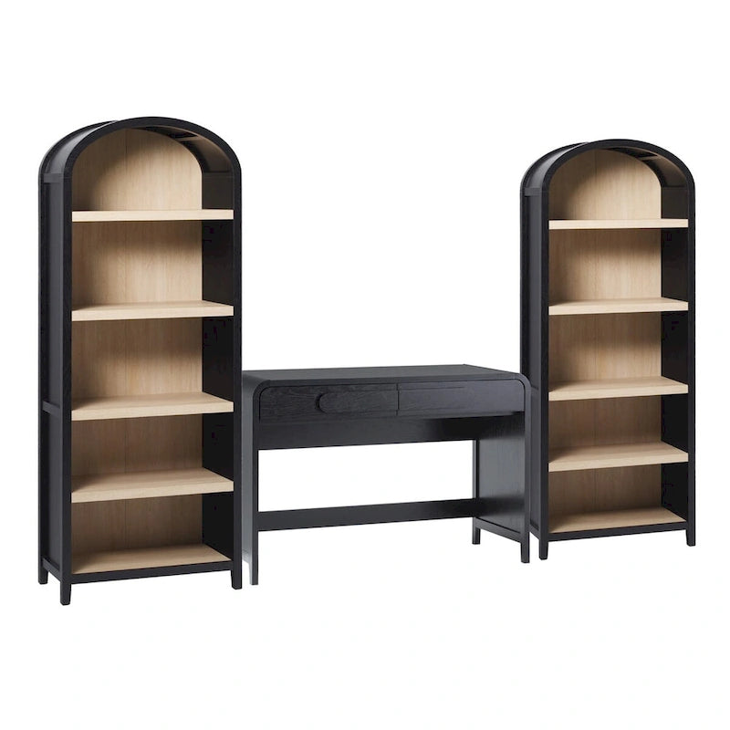 3-Piece Writing Desk & 2 Bookcases Set – Black / Coastal Oak, Waterfall Style, 1-Person
