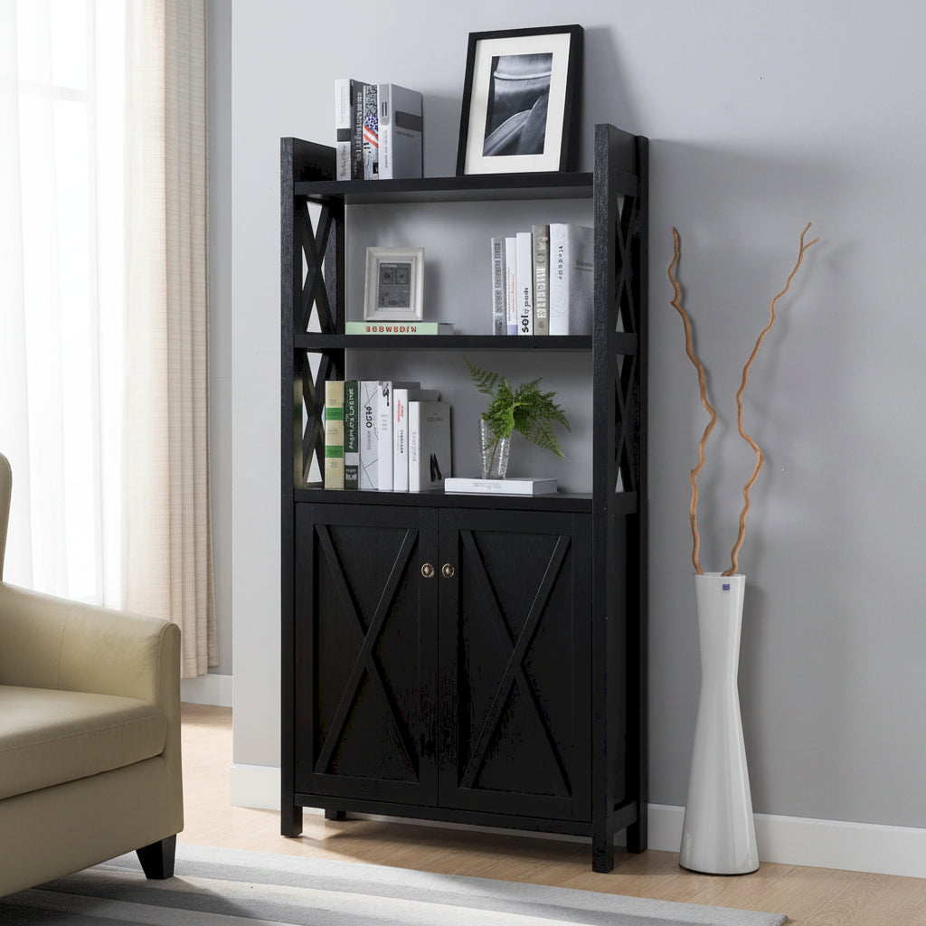 Crosshatch Display, Home Storage Cabinet with Two Top Shelves, Two Door Cabinet in Black