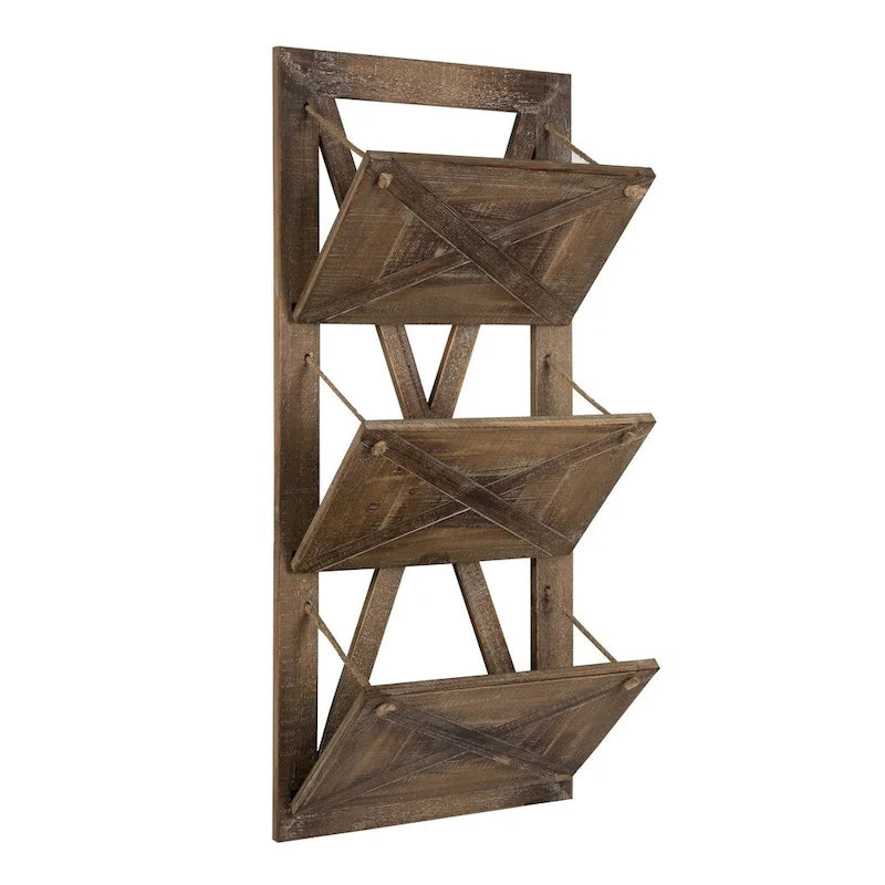 Rustic Wood 3-Pocket Hanging Wall File Holder – White / Brown / Gray