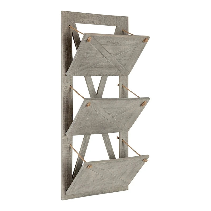 Rustic Wood 3-Pocket Hanging Wall File Holder – White / Brown / Gray