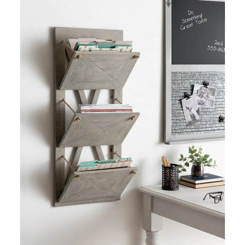 Rustic Wood 3-Pocket Hanging Wall File Holder – White / Brown / Gray