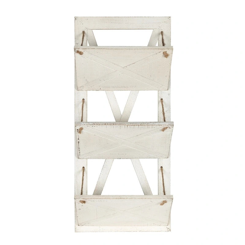 Rustic Wood 3-Pocket Hanging Wall File Holder – White / Brown / Gray