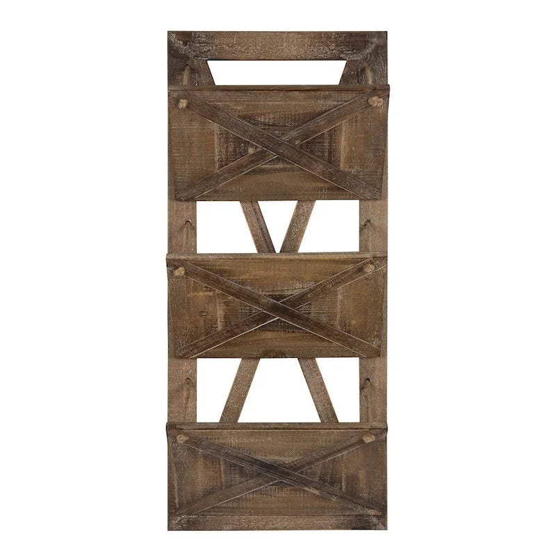Rustic Wood 3-Pocket Hanging Wall File Holder – White / Brown / Gray