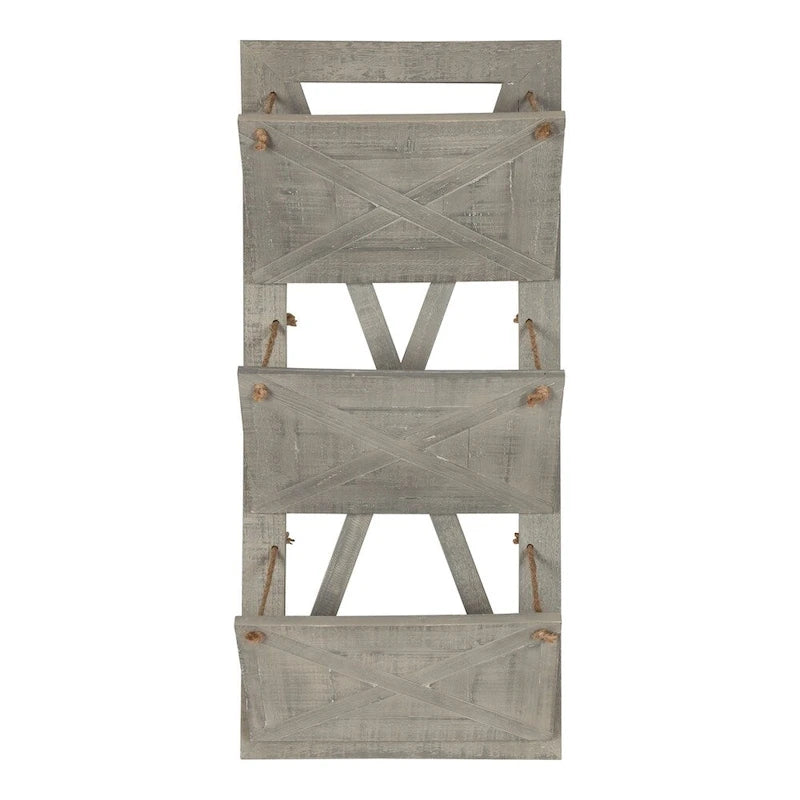 Rustic Wood 3-Pocket Hanging Wall File Holder – White / Brown / Gray