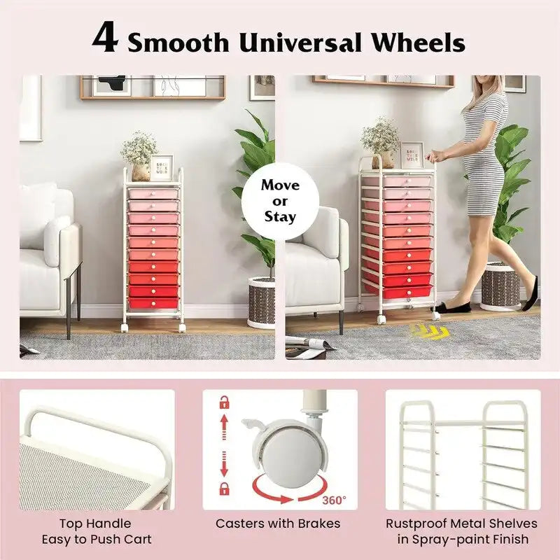 10 Drawer Rolling Storage Cart - 15D x 13W x 34H