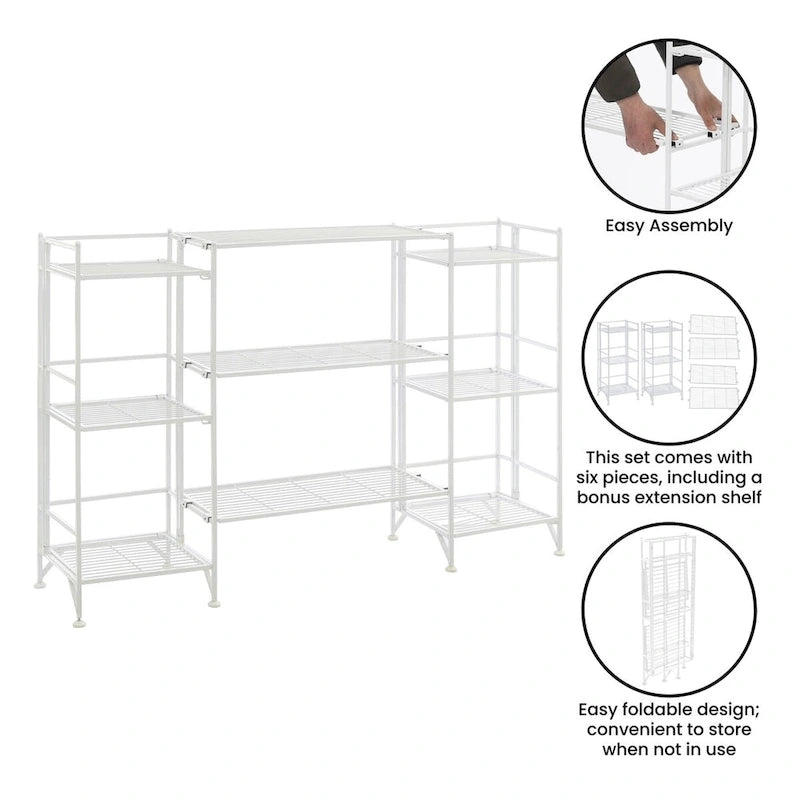 White/Black 3-Tier Folding Metal Shelf with 3 Extension Shelves, 5-Piece Set