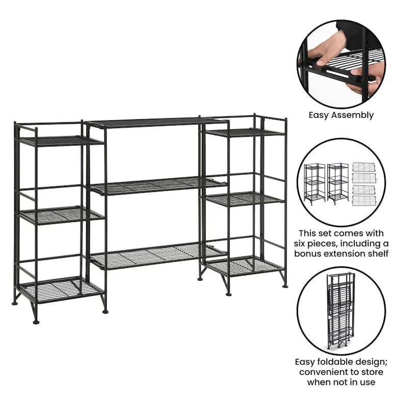 White/Black 3-Tier Folding Metal Shelf with 3 Extension Shelves, 5-Piece Set