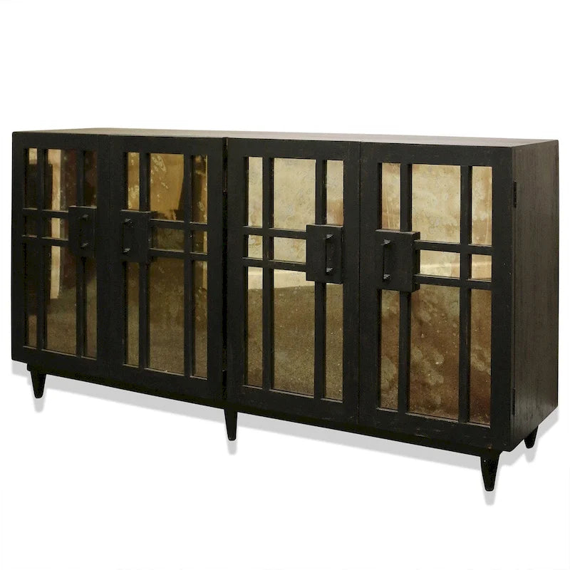 Matte Black / Dark Brown / Natural Wood 4-Door Mirrored Sideboard – Solid Mango Wood