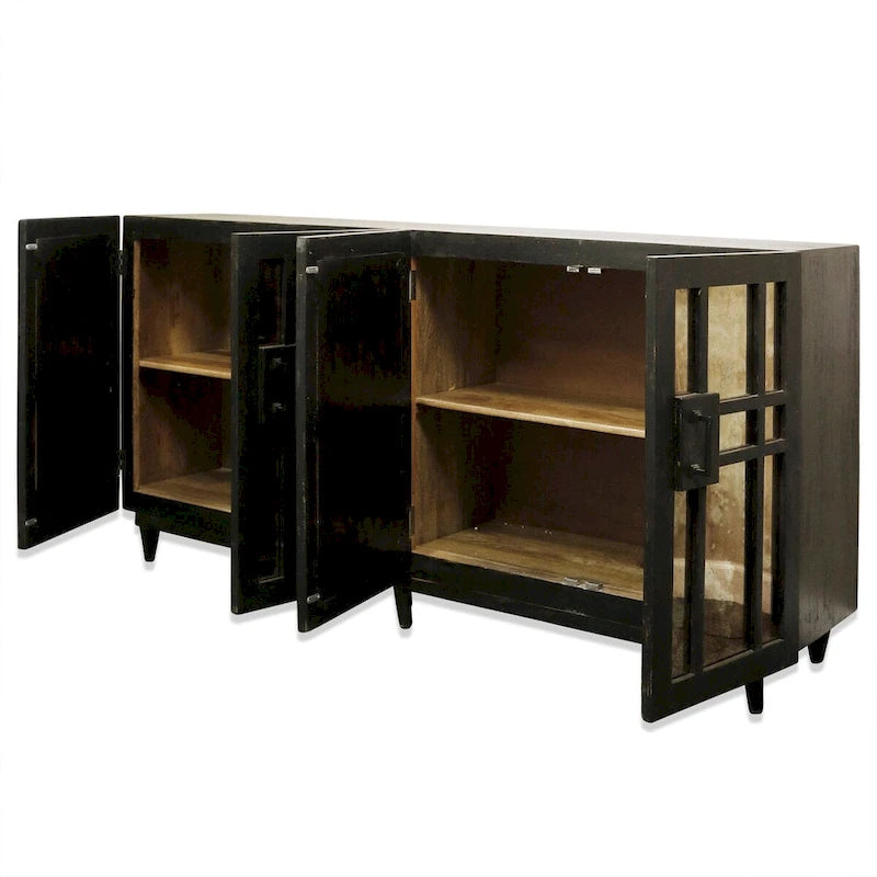 Matte Black / Dark Brown / Natural Wood 4-Door Mirrored Sideboard – Solid Mango Wood