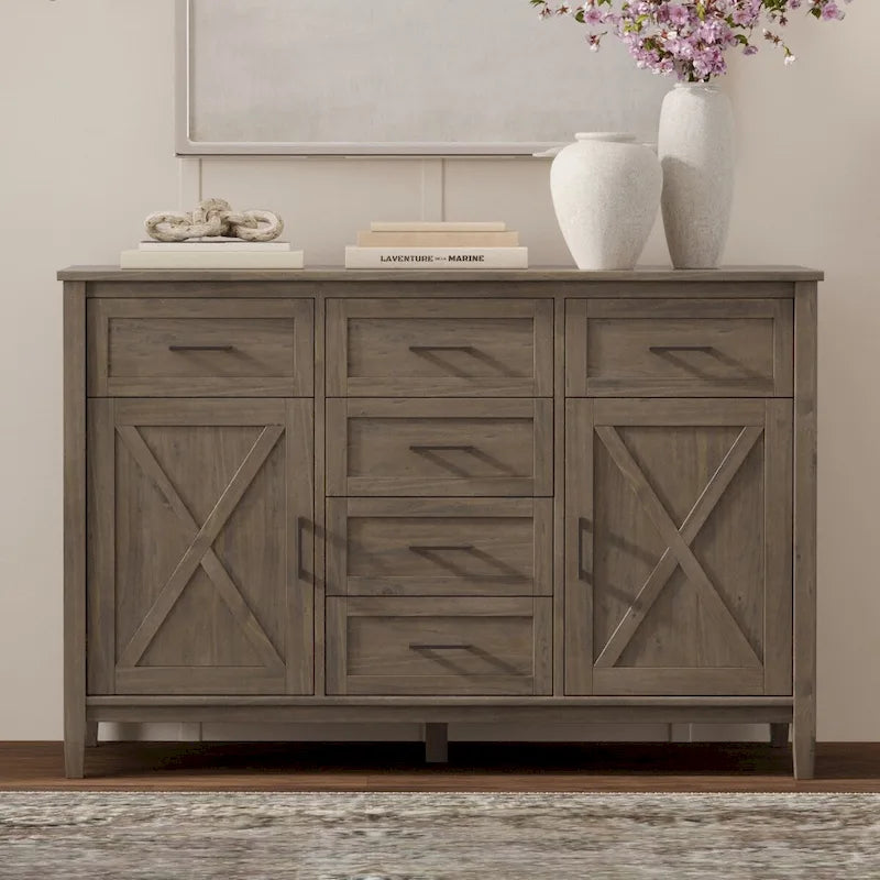 Smoky Brown Transitional Solid Wood Sideboard, 54" Wide – 6 Drawers, 2 Cabinets
