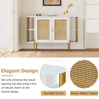 2-Door Elegant Curved Dining Cabinet with Gold Trim and Woven Rattan Doors for Dining Room