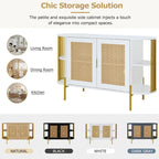 2-Door Elegant Curved Dining Cabinet with Gold Trim and Woven Rattan Doors for Dining Room