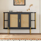 2-Door Elegant Curved Dining Cabinet with Gold Trim and Woven Rattan Doors for Dining Room