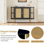 2-Door Elegant Curved Dining Cabinet with Gold Trim and Woven Rattan Doors for Dining Room