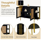 2-Door Elegant Curved Dining Cabinet with Gold Trim and Woven Rattan Doors for Dining Room