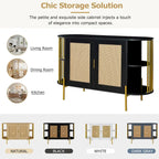 2-Door Elegant Curved Dining Cabinet with Gold Trim and Woven Rattan Doors for Dining Room