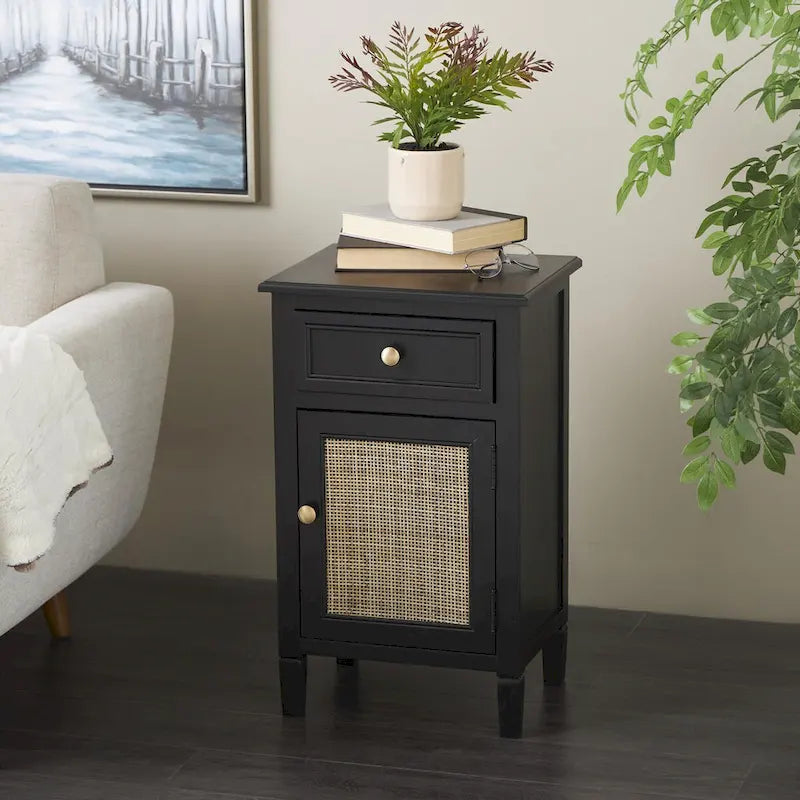 Black Rattan-Door 1-Drawer 1-Door Cabinet, 1-Person Assembly