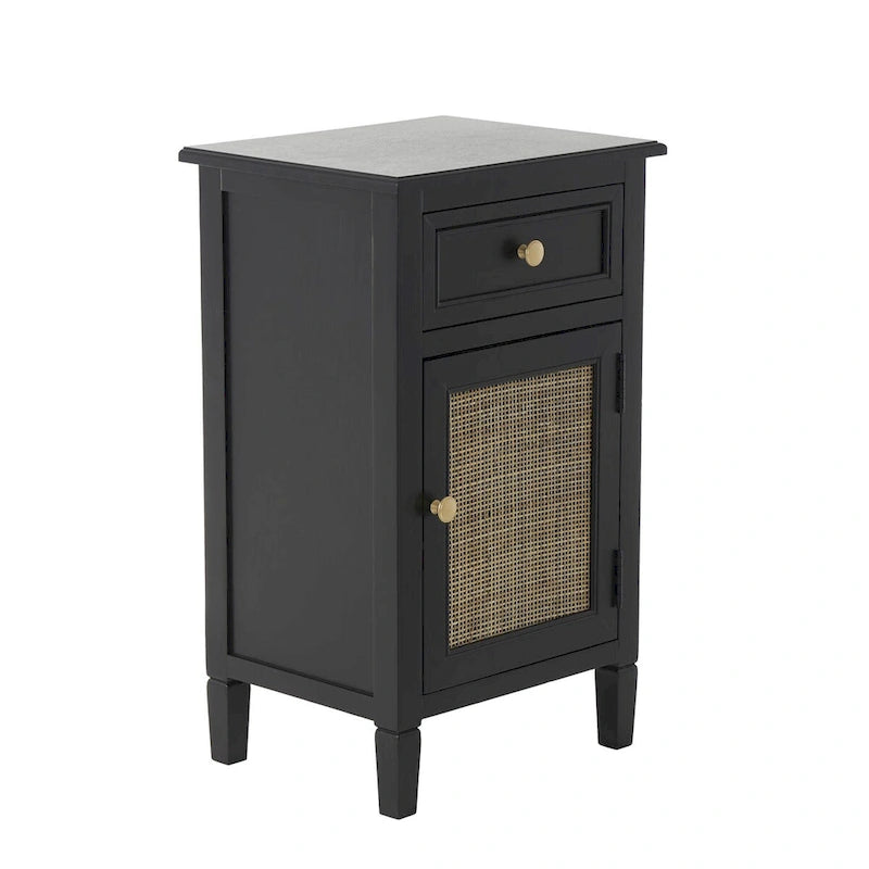 Black Rattan-Door 1-Drawer 1-Door Cabinet, 1-Person Assembly