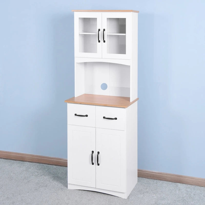 Wooden Kitchen Cabinet White Pantry Room Storage Microwave Cabinet with Framed Glass Doors and Drawer